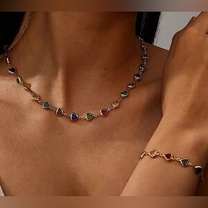 Colorful Zircon heart set necklace & bracelet